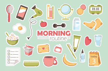 Morning routine elements set concept without people scene in the flat cartoon style. Images of things that every person needs in the morning. Vector illustration.