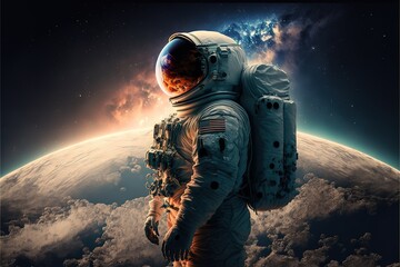 Astronaut in front of the Earth planet. Generative AI