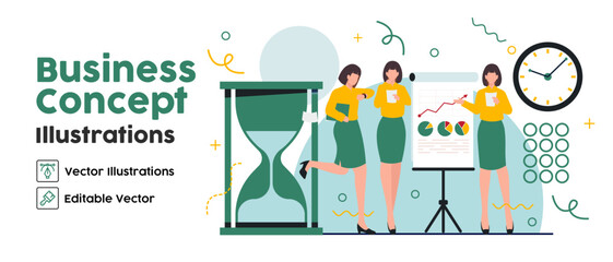 Business Concept illustrations. set Collection of scenes with men taking part in time management business presentation activities. Vector illustration