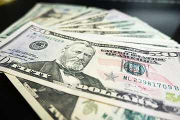 Portrait of US president Ulysses Simpson Grant on 50 dollars banknote closeup macro fragment....
