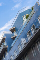 Portuguese house covered with blue tiles against the sky