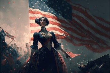 Fototapeta premium retro 4th of July independence day generative ai background showing a female lady standing in front of the American Flag