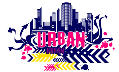 Urban city skyline in the city, vector illustration graffiti graphic style. Vector image isolated on white