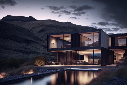 3d render styled conceptional sketch of a modern minimalist cozy house