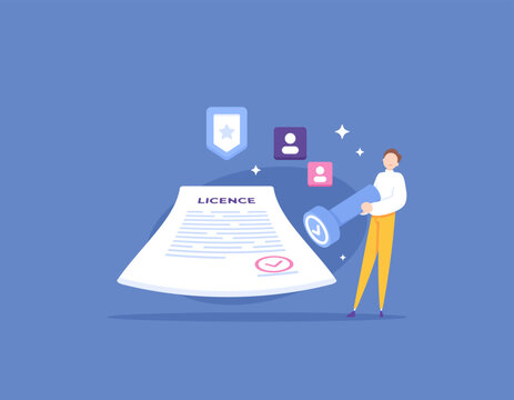 licensing or granting permits. intellectual property rights. a businessman gives a stamp to certify or legalize a license document. illustration concept design. graphic elements