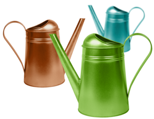 Colorful retro watering cans isolated on white, gardening concept