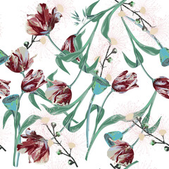 Modern floral seamless pattern. Digital drawn illustration. Can be used as textile fabric or wallpaper, cards, invitations, decorative paper