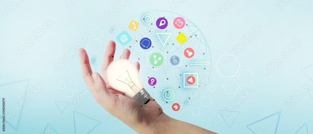 Poster creative idea light bulb of the hand in childhood and learning to use technology to bring about the 