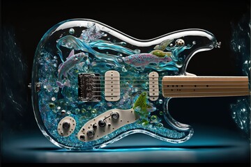Prototype transparent electric guitar on a black background. Generative ai