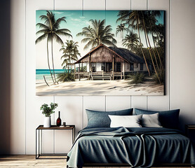 a living room with white couch and painting on wall. Picture tropical beach and bungalows..
