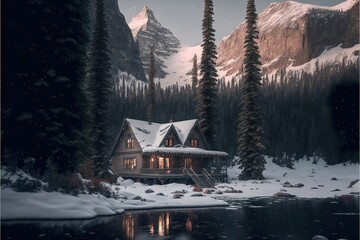 Modern coziest houses in snow forest. generative ai