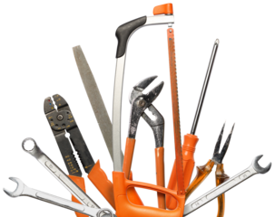 Realistic DIY hand tools with scratches, worn in work, isolated set