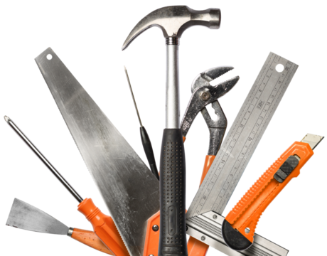 Realistic DIY hand tools with scratches, worn in work, isolated set