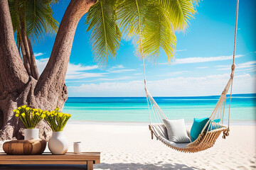 Traditional braided hammock in the shade on a tropical island.