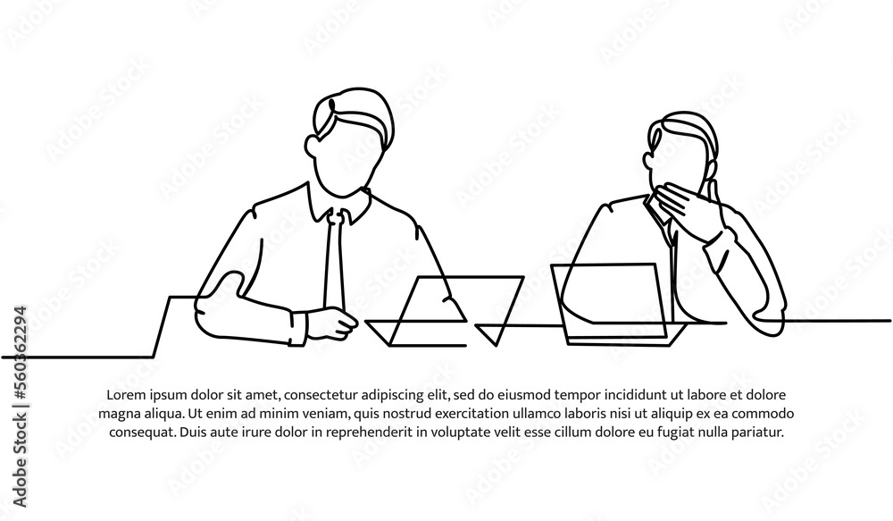 Poster continuous line design of two male workers working in front of laptops. worker sleepy and active. wo