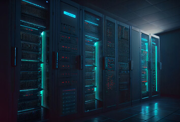Data center. Racks with servers. Long corridor. Glowing light bulbs. Generative AI Art.