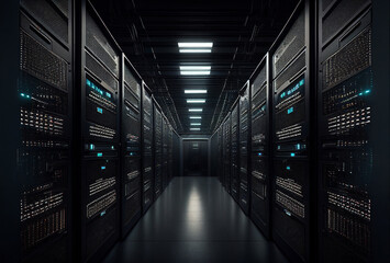 Obraz premium Data center. Racks with servers. Long corridor. Glowing light bulbs. Generative AI Art.