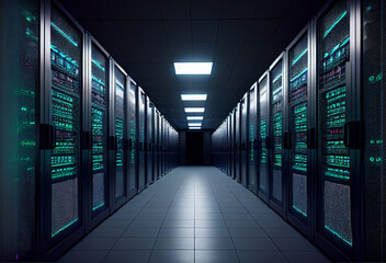 Fototapeta premium Data center. Racks with servers. Long corridor. Glowing light bulbs. Generative AI Art.