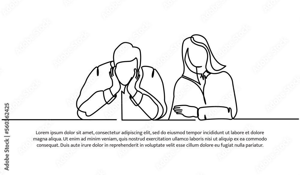 Poster continuous line design of sad looking boy and girl. relationship problem design concept. decorative 