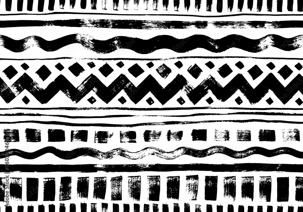 Aufkleber Hand drawn tribal and ethnic seamless pattern. Vector tribal design monochrome background with horizontal stripes, zig zag and wavy lines, dahses and squares. Aztec abstract geometric ornament.