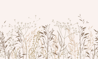 Vector illustration with wild and dry grass. Horizontal seamless pattern. Autumn field. Ornament for wallpaper, card, border, banner or your other design. Natural beige tones. Engraving.