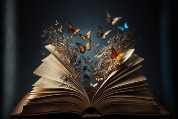 An open book with butterflies coming out of it concept. Generative ai