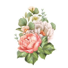 Decorative pink and white flowers. Floral illustration. Botanic composition for wedding or greeting card.