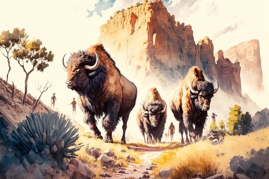 bison colorful watercolor painting style. Grand canyon. USA. Generative AI
