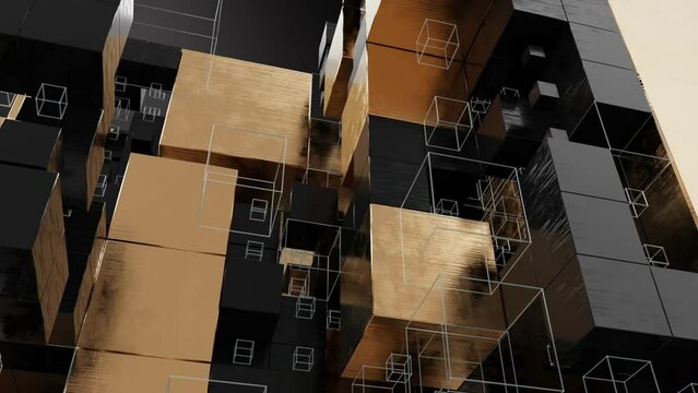 Abstract motion graphics with golden and black cubes. 3D animation. Technology or construction concept