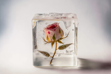 Fantasy Vintage Classic pale red pink rose inside snow ice cube on blurred background.Generative AI..