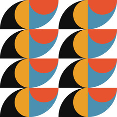 Obraz premium Geometric abstract vector seamless pattern with circles, rectangles and squares in retro Bauhaus style. Pastel colored simple shapes graphic background.