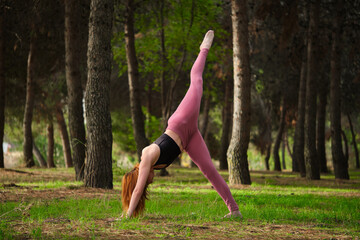 Fototapeta premium Redhead young woman doing one legged downward facing dog yoga pose in a forest. Practicing yoga in nature.