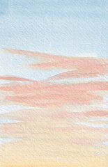 Watercolor illustration of sunset or sunrise blue, pink and orange sky. Beautiful pastel sky with clouds. Hand-drawn high resolution art. 