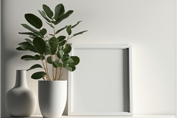 Beautiful white room with empty square frame and plant in a pot. generative ai