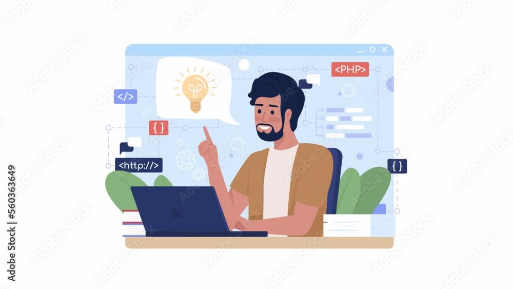 Poster animated online coding course. programming language. loop flat 2d character hd video footage. colorf