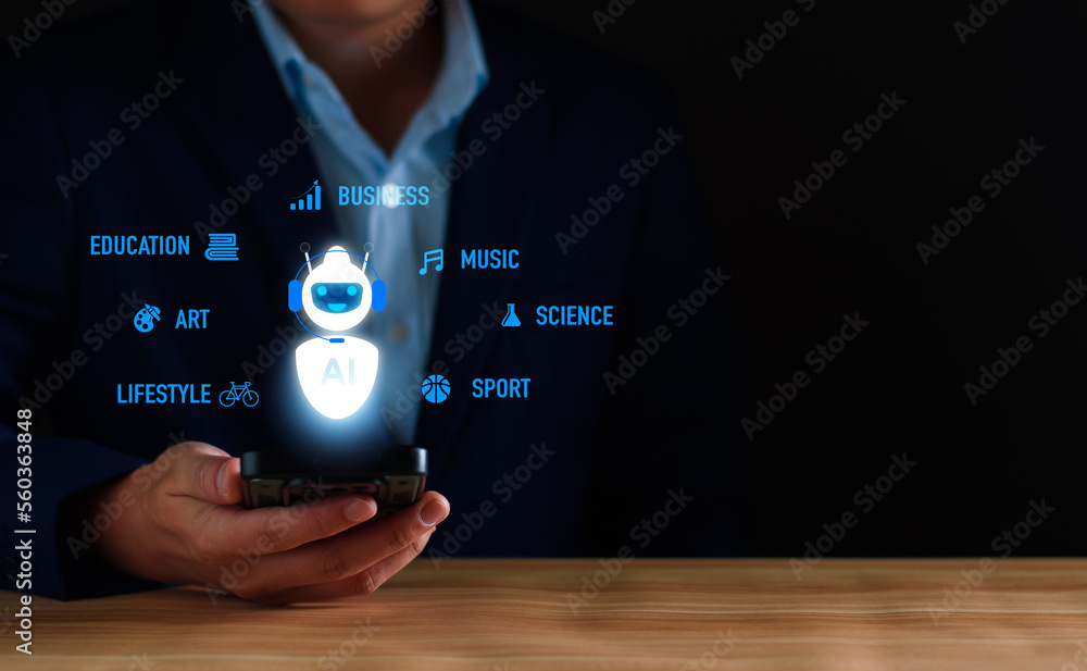 Poster ai learning and artificial intelligence concept. ai technology in everyday life. technology and peop