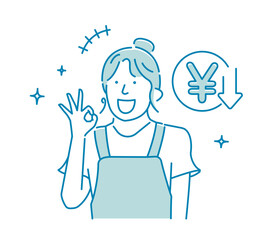 Vector illustration of a young woman (housewife) who is pleased with cost reduction