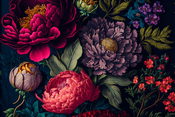 Fototapeta premium beautiful fantasy vintage wallpaper botanical flower bunch,vintage motif for floral print digital background.generative ai.