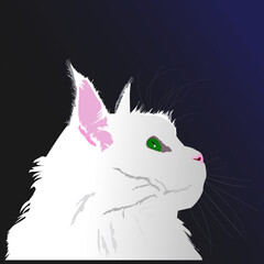 Flat vector illustration of a cute white cat with green eyes on a dark background
