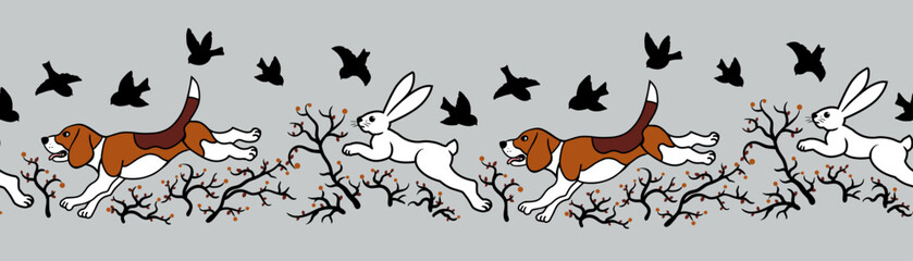 Beagle is chasing a hare. Seamless vector pattern. Cartoon style.