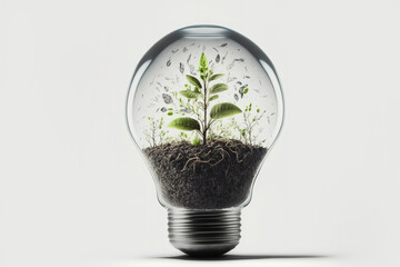 Light Bulb with sprout inside isolated in white background. Small plant growing inside a lightbulb. Generative AI
