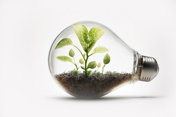 Light Bulb with sprout inside isolated in white background. Small plant growing inside a lightbulb. Generative AI