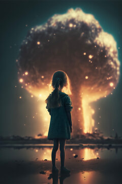 Apokalypse: kleines Kind steht vor Atomexplosion und Atompilz 