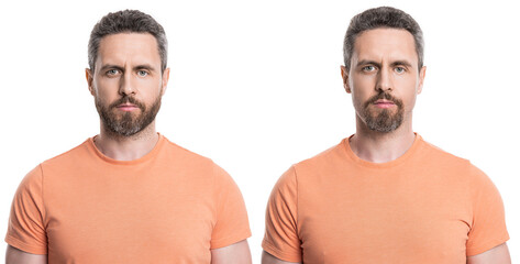 man face stubble comparison before and after isolated on white. man face stubble comparison