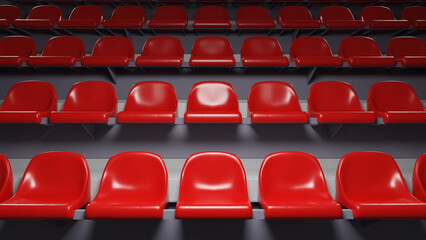 Stadium or venue tier with red plastic seats. 3D rendering.