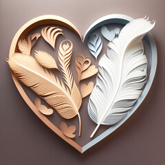 Beautiful Glossy, Paper Cut Feathers In Heart Shape Frame.
