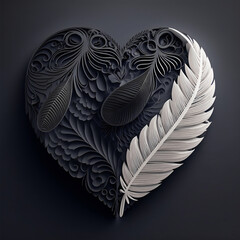 Tribal Art, Heart Shape Frame With Ethnic Feathers In Dark Gray And White Color.