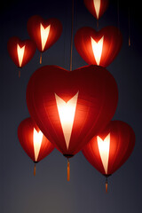 Generative AI flying heart shaped lanterns at night sky, valentine postcard, love letter