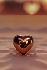 Generative AI golden valentine 3d heart, in sunset light, love letter, postcard, bokeh background