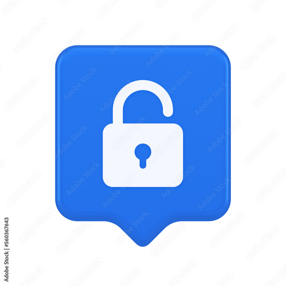 Poster open lock button cyberspace password security protection service 3d realistic speech bubble icon
